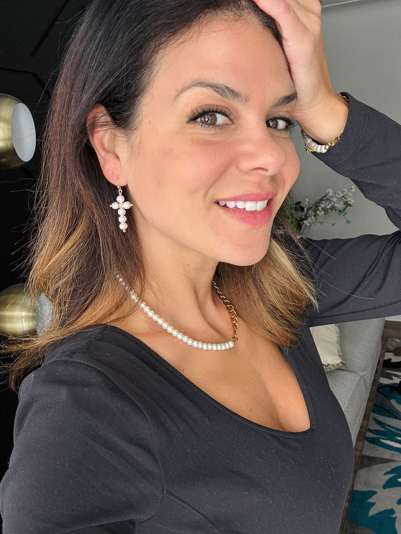 like jesus Dangling Pearl Cross Earrings