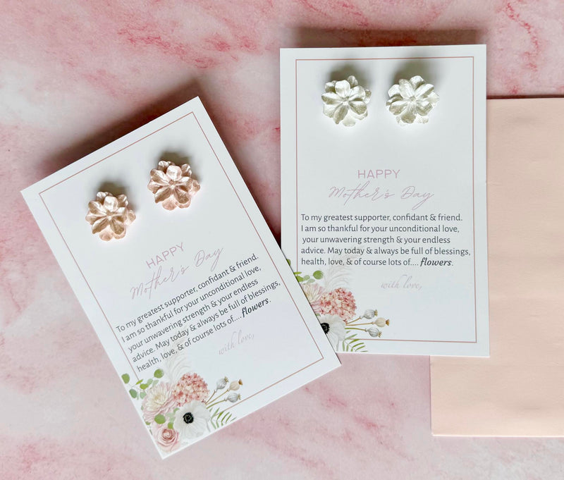 Camellia Flower Earrings on Mothers Day Greeting Card