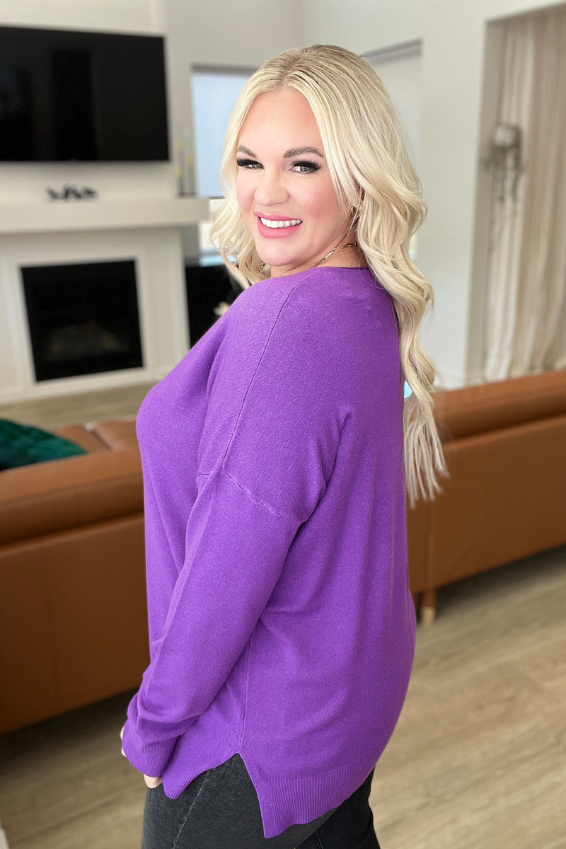 V-Neck Front Seam Sweater in Heather Violet