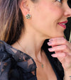 Black Camellia earrings in gold on mama card