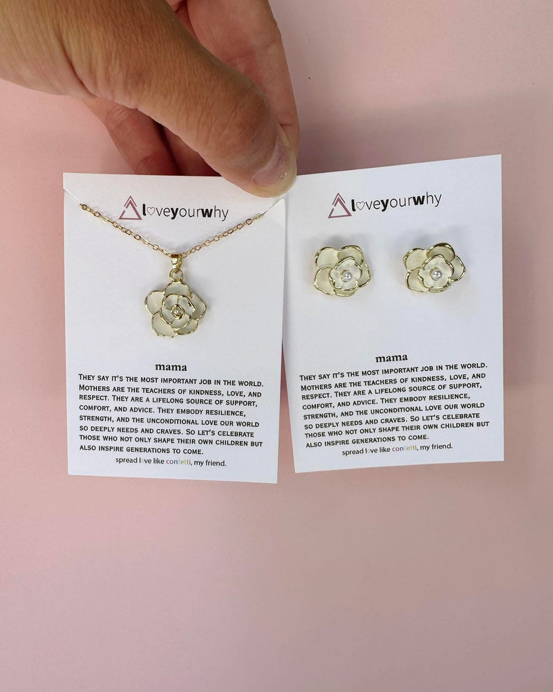 White Camellia earrings in gold on mama card