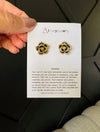 Black Camellia earrings in gold on mama card