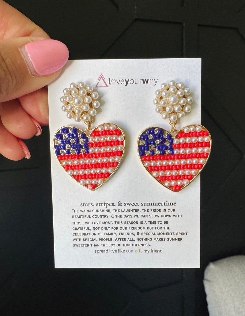 Stars Stripes & Sweet Summertime Dangling heart earrings 1 week ship