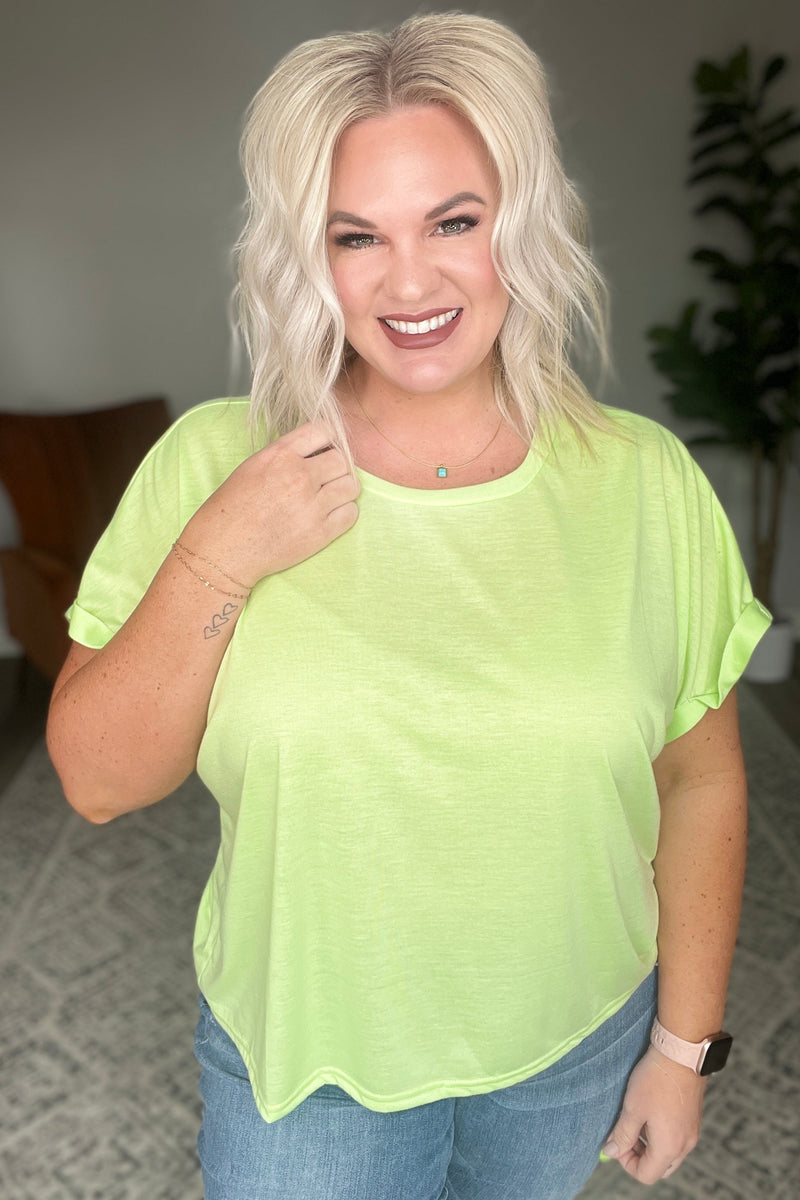 Round Neck Cuffed Sleeve Top in Lime