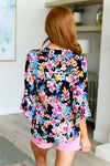 Lizzy Bell Sleeve Top Black and Teal Tropical Floral