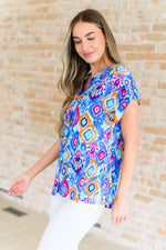 Lizzy Cap Sleeve Top in Blue and Magenta Ikat