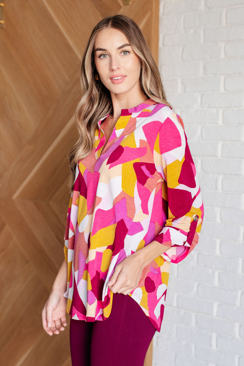 Lizzy Top in Magenta and Mustard Abstract