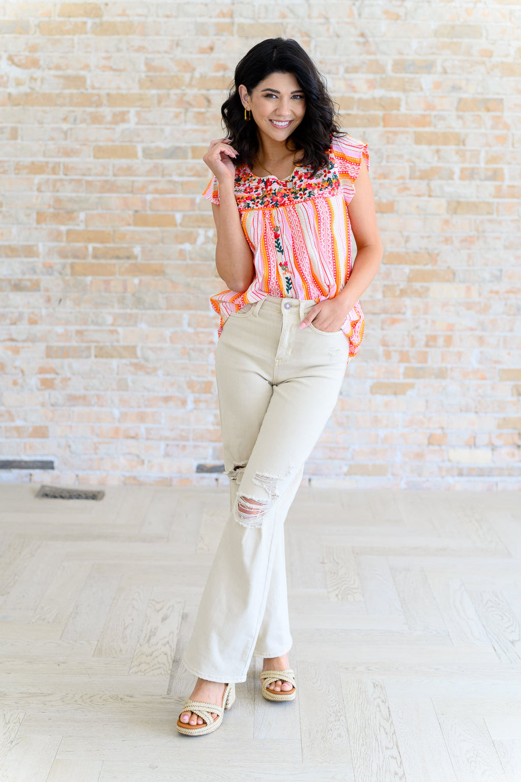 Orange Blossoms Flutter Sleeve Blouse