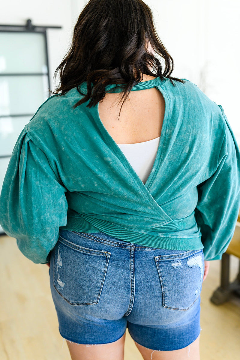 Tied Up In Cuteness Mineral Wash Sweater in Teal