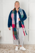 Wanderlust Wrap Oversized Plaid Fringe Scarf in Magenta and Teal