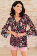 Willow Bell Sleeve Top in Black Multi Ditsy Floral