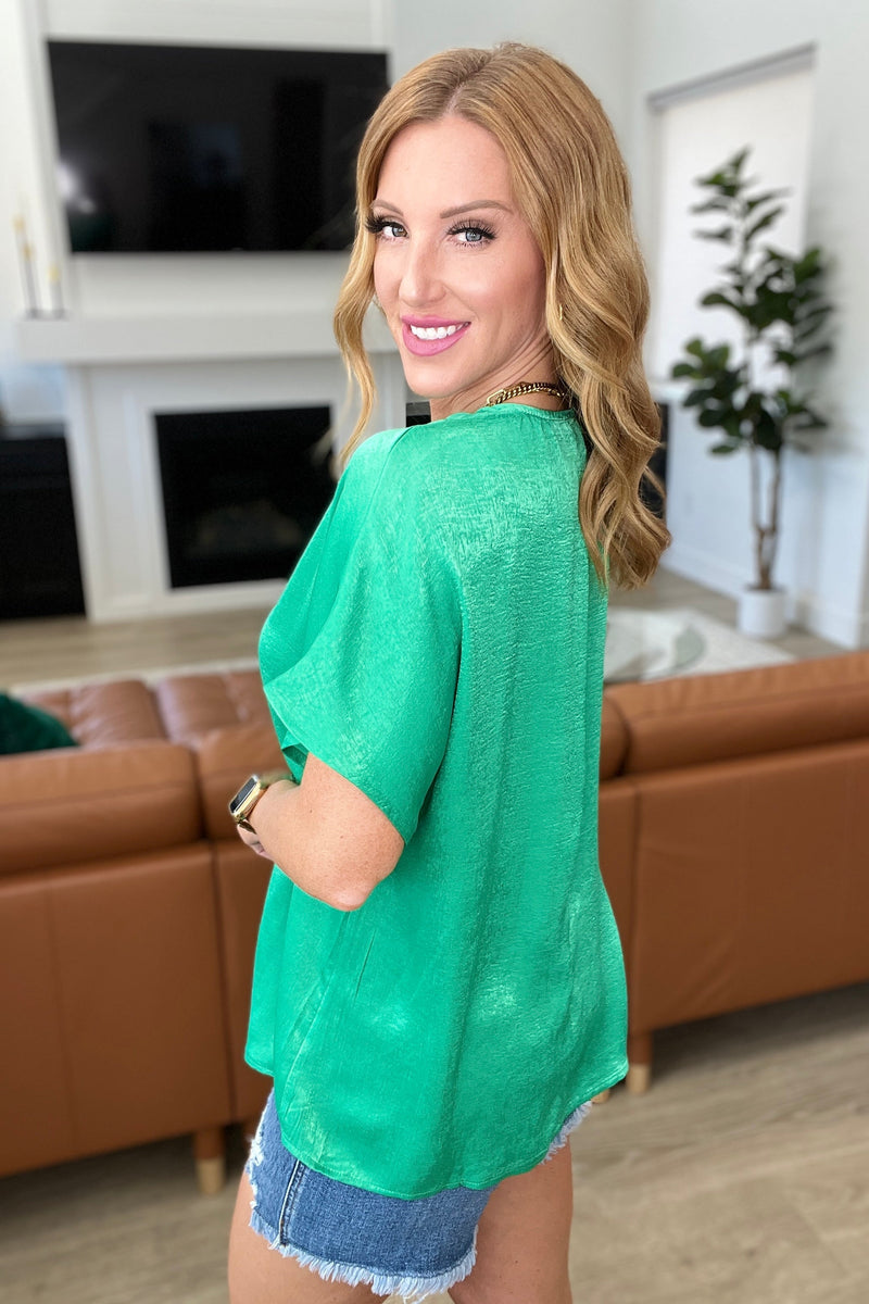 Pleat Front V-Neck Top in Kelly Green